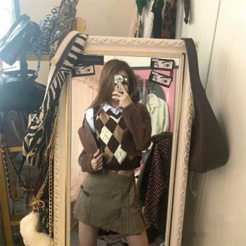 BrandyMelody BM美式復古學院風菱形格子撞色針織馬甲背心馬夾女