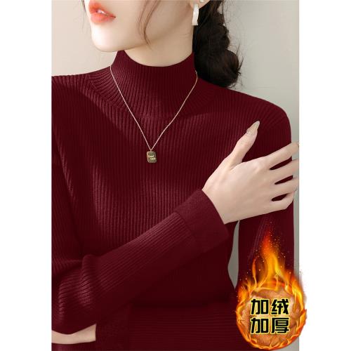 酒紅色長袖針織衫女一體加絨加厚內搭打底上衣半高領毛衣春季新款