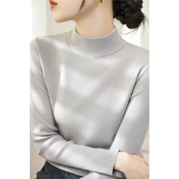 2024年半高領時尚簡約長袖修身毛衣女冬季羊毛套頭內搭針織打底衫