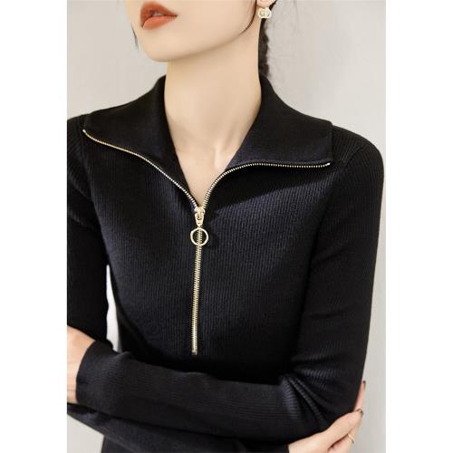 新款黑色修身翻領半拉鏈設計長袖針織衫女裝內搭打底上衣高領毛衣