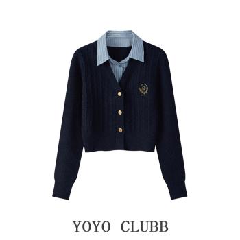 YOYOCLUBB大碼假兩件長袖針織毛衣女2025早春新款英倫學院風開衫