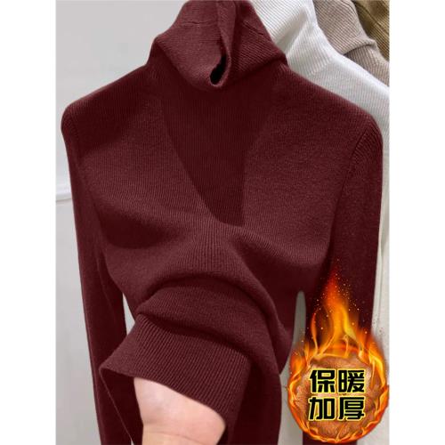 安可拉紅長袖針織衫女加厚款氣質內搭打底上衣堆堆領毛衣冬季新款