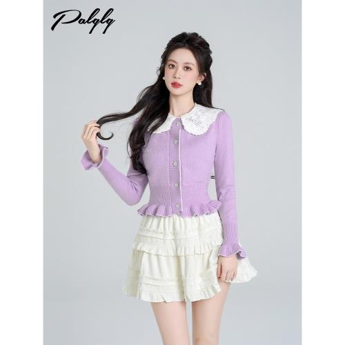 小香風娃娃領紫色短款開衫針織衫女冬季甜美氣質法式修身爆款毛衣