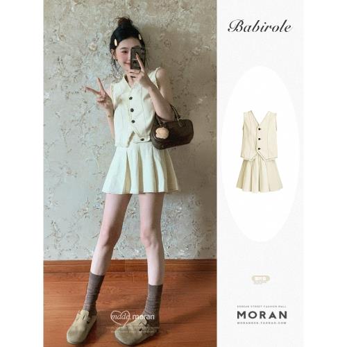 鹽系炸街酷颯拽姐套裝裙馬甲上衣百褶半身短裙學院風減齡兩件套夏