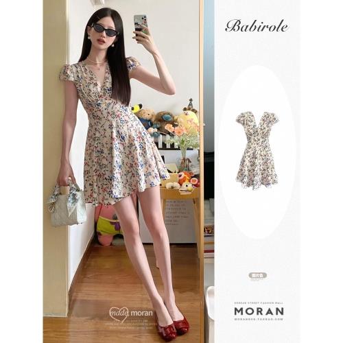 法式茶歇浪漫小碎花V領連衣裙女夏季新款復古氣質收腰A字短裙減齡