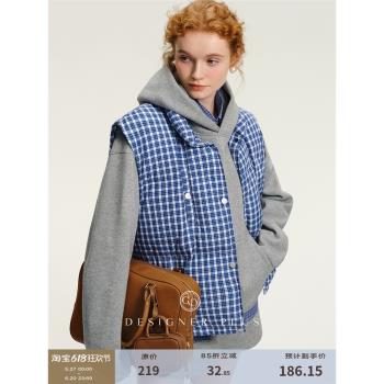 DESIGNER PLUS 韓系藍白格羽絨馬甲春秋jennie同款90白鴨絨短背心
