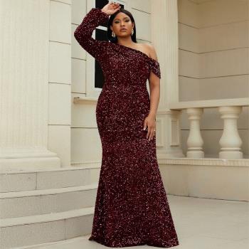 Plus size party dress 歐美胖mm大碼婚禮長袖魚尾宴會生日晚禮服