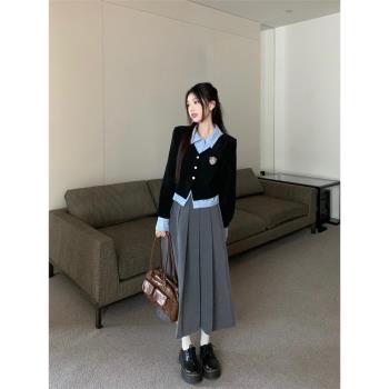 大碼學院風套裝女春季高階感假兩件襯衫胖MM遮肚顯瘦半身裙兩件套