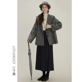 三寸藕【都市輕行】韓系灰色寬松v領毛衣外套女秋冬顯瘦毛呢大衣
