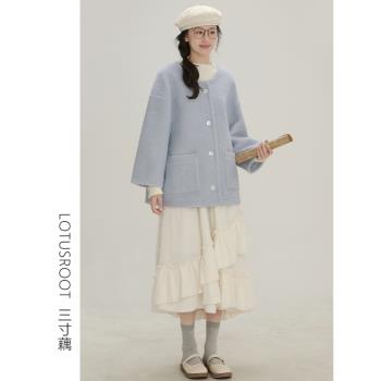 三寸藕【油畫少女】法式小香風藍色外套秋季羊羔毛加厚保暖外套女
