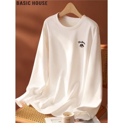 Basic House/百家好白色圓領磨毛長袖T恤女裝2026秋冬刺繡打底衫