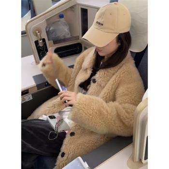 休閑韓版杏色外套2025秋冬新款毛絨長袖翻領單排扣百搭寬松上衣