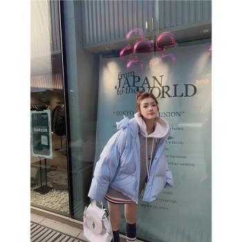 限時4折 藍色連帽羽絨服女冬季2024新款小個子加厚顯瘦鴨絨麵包服