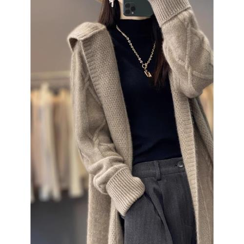 時尚朗姿秋冬中長款羊絨開衫女中長款連帽扭花針織外套過膝大衣潮