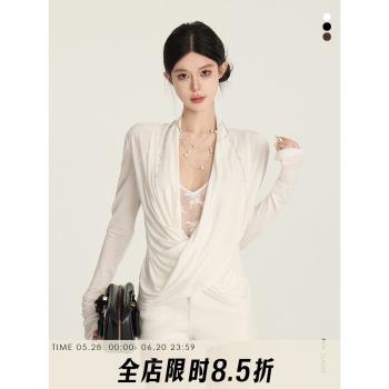 cchun純子 深度誘惑 早春交叉蕩領小心機假兩件拼接蕾絲上衣