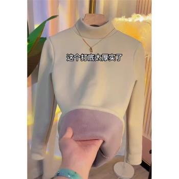 秋冬新款純棉修身顯瘦半高領加絨加厚保暖上衣打底衫內搭女裝ins