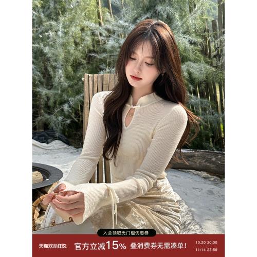 梅子熟了新中式盤扣鏤空領旗袍針織衫顯瘦氛圍感百搭毛衣女+336