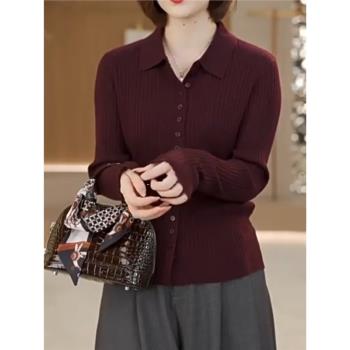 酒紅色POLO領長袖針織衫女2025春秋減齡洋氣彈力寬松百搭開衫潮dm