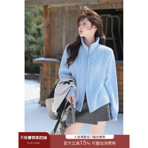 梅子熟了麻花翻領開衫100綿羊毛厚實保暖立體花式織法復古毛衣