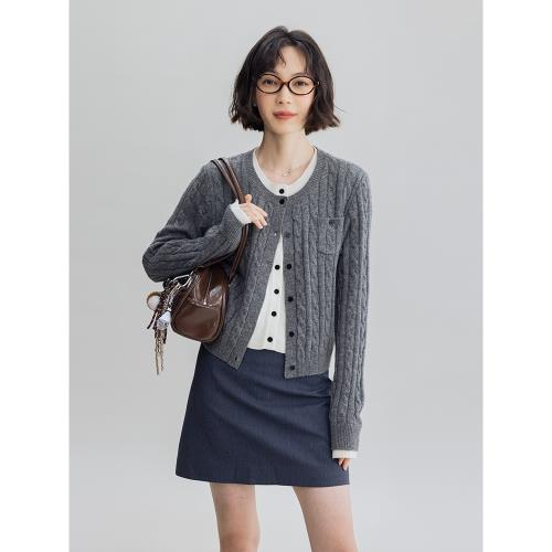 Dotdrobe多著 雙層撞色假兩件學院風羊毛混紡針織開衫女灰色/藏青