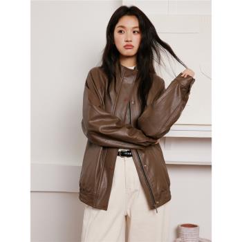 RPB BRAND 單排扣復古棕色夾克機車美拉德風立領拉鏈PU皮衣女