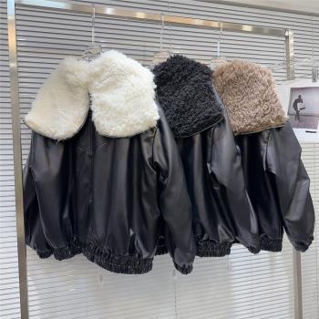 網紅同款2024冬季新款美式辣妹抓絨海軍領PU皮羽絨內膽皮衣外套女