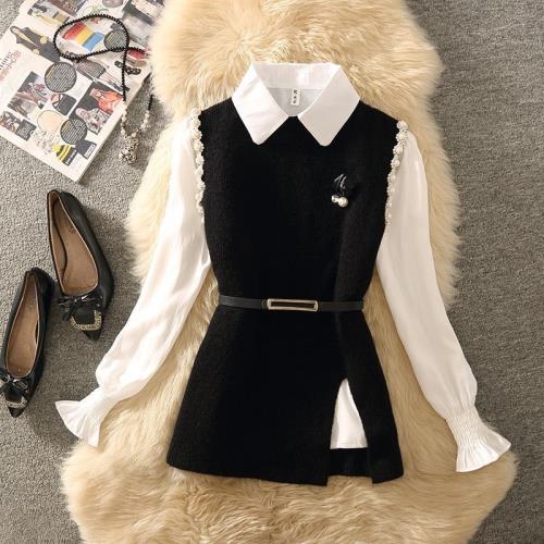 春季襯衫疊穿加針織馬甲兩件套女高級感小香風套裝洋氣減齡小個子