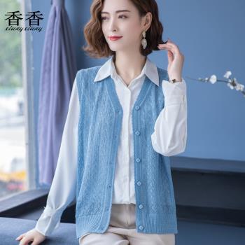 新款冰絲針織馬甲夏季中老年媽媽薄款女大碼馬夾背心外搭開衫外套