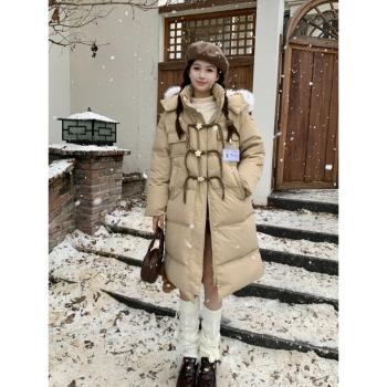 可拆卸毛領連帽星星扣羽絨棉服女冬季加厚保暖寬松中長款棉衣外套