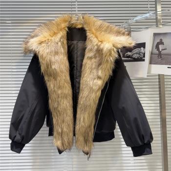 網紅同款2024冬季新款小眾款環保毛翻領加厚保暖棉衣棉服夾克外套