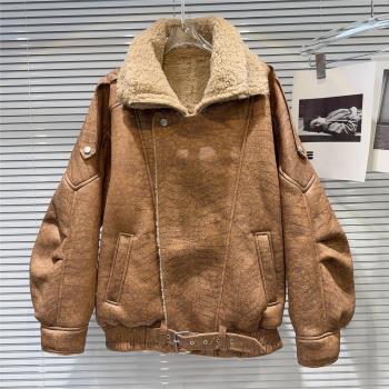 網紅同款2024冬季新款美式復古辣妹翻領做舊加絨皮毛一體皮衣外套