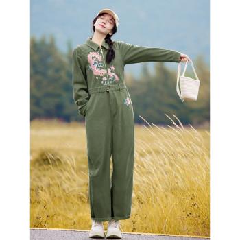 花製作 因風起 原創國風刺繡牛仔連體褲女設計感寬松休閑長褲春