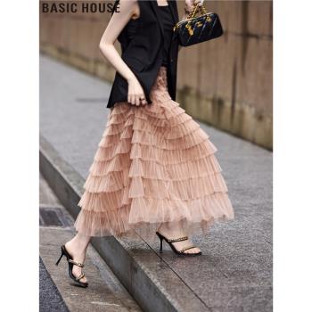 Basic House/百家好蓬蓬蛋糕公主裙高腰網紗半身裙女2025夏季新款
