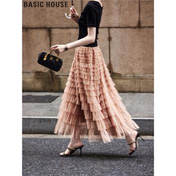 Basic House/百家好高腰網紗公主蛋糕裙A字半身裙女2025春季新款