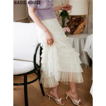 Basic House/百家好藝術美名媛公主高腰網紗蓬蓬蛋糕半身裙女夏季