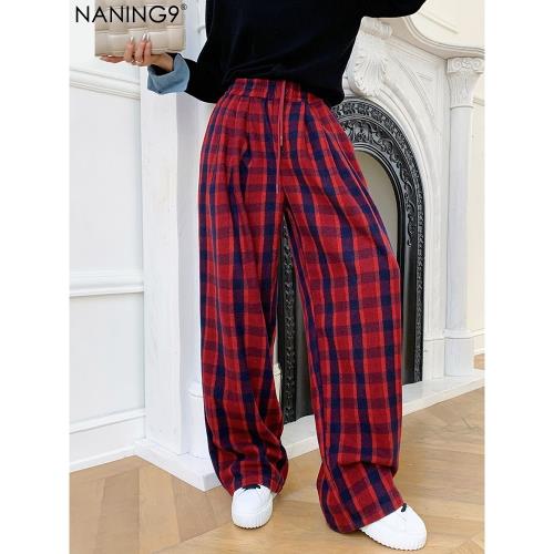 NANING9紅色格子褲女秋季新款垂感高腰拖地休閑寬松闊腿褲