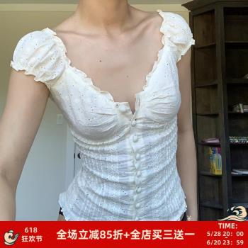 #FabGirls# 法式復古鉤花宮廷領排扣泡泡袖短袖T恤 修身顯瘦上衣