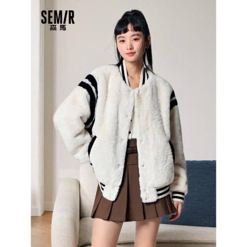 森馬外套女柔軟仿兔毛棒球服撞色冬季美式寬松夾克鹽系休閑百搭潮