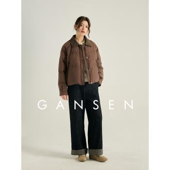 Gansen甘森復古翻領燈芯絨拼接巴恩風外套90白鴨絨小個子短羽絨服