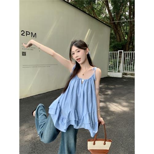 小清新荷葉邊系帶藍色吊帶背心女夏季海邊度假風溫柔別致襯衫上衣