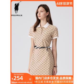 POLOWALK女士復古老花收腰翻領短袖連衣裙夏新款刺繡老錢風中長裙