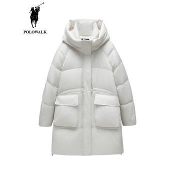 POLOWALK中長款連帽羽絨服女2024冬季新款韓版加厚白鴨絨保暖外套