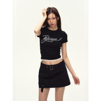 101PASSION 黑色短袖正肩上衣女夏季設計珍珠蕾絲修身短款辣妹t恤