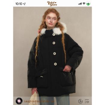 LOLOL 2025冬季新款學院風中長款大毛領連帽羽絨服女小個子麵包服