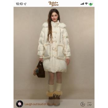 LOLOL ® 2025冬季新款大毛領連帽90白鴨絨中長款牛角扣羽絨服女