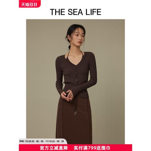 THESEALIFE歐海一生掛脖針織衫24年秋新款修身顯瘦棕色上衣170063
