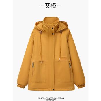 艾格官方設計感冬季高階感夾棉加厚沖鋒衣女長袖連帽派克服外套韓