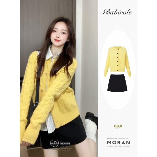 深秋初冬穿搭奶系甜美黃色毛衣外套麻花針織開衫短裙兩件套裝慵懶