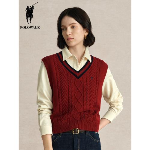 POLOWALK女士V領絞花針織馬甲秋冬新款學院風含羊毛休閑紐花背心