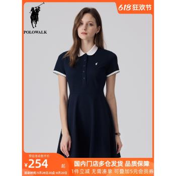 POLOWALK女士短袖花邊翻領polo裙夏季新款保羅刺繡A字中長連衣裙